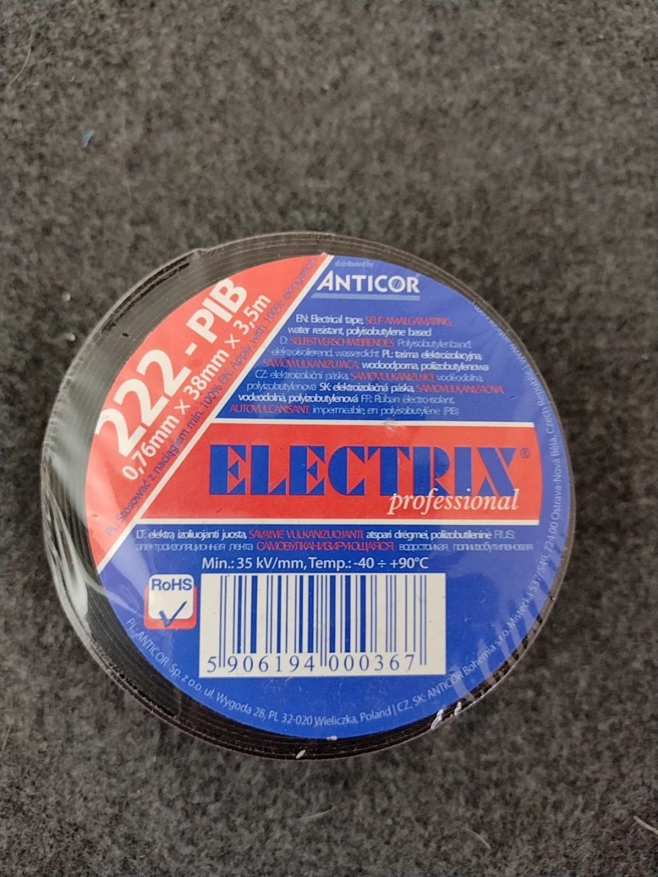 Samovulkanizační páska Elektrix 222 PIB 19x0,76mm/3,5m černá