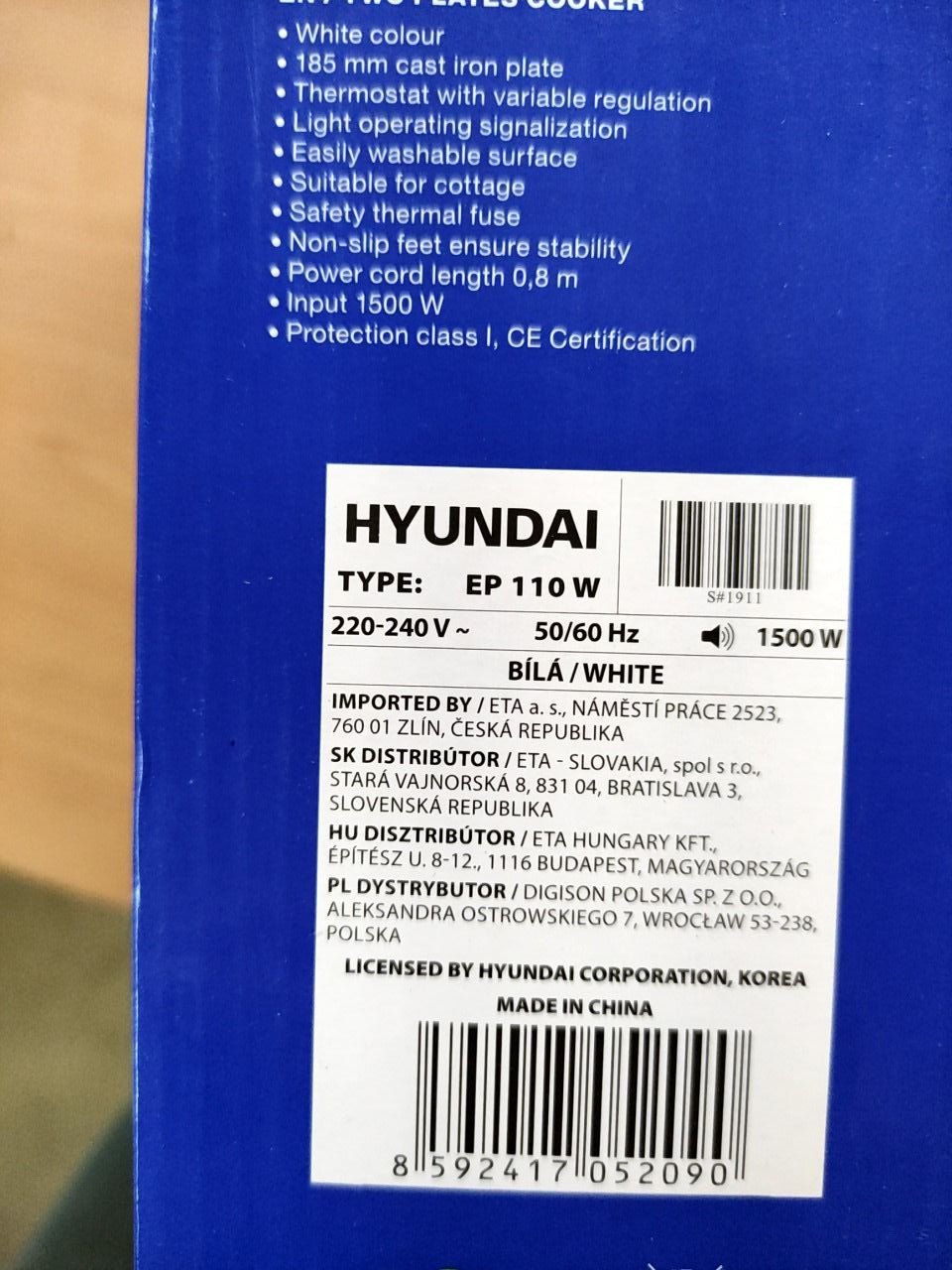 Jedno ploténkový vařič s litinovou plotnou 185 mm a plynule regulovatelným termostatem Hyundai EP 110 W