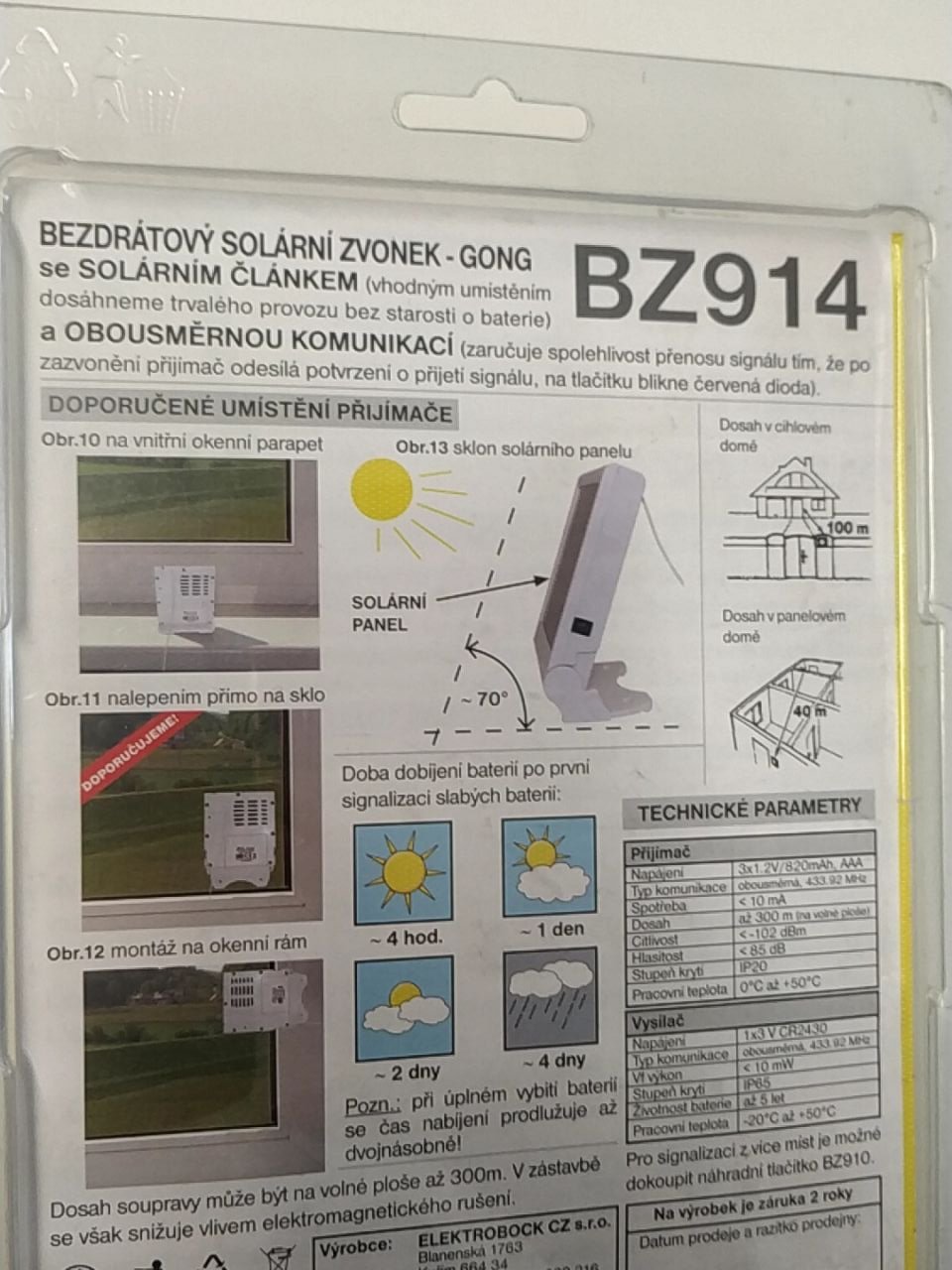 Bezdrátový solární zvonek BZ914 