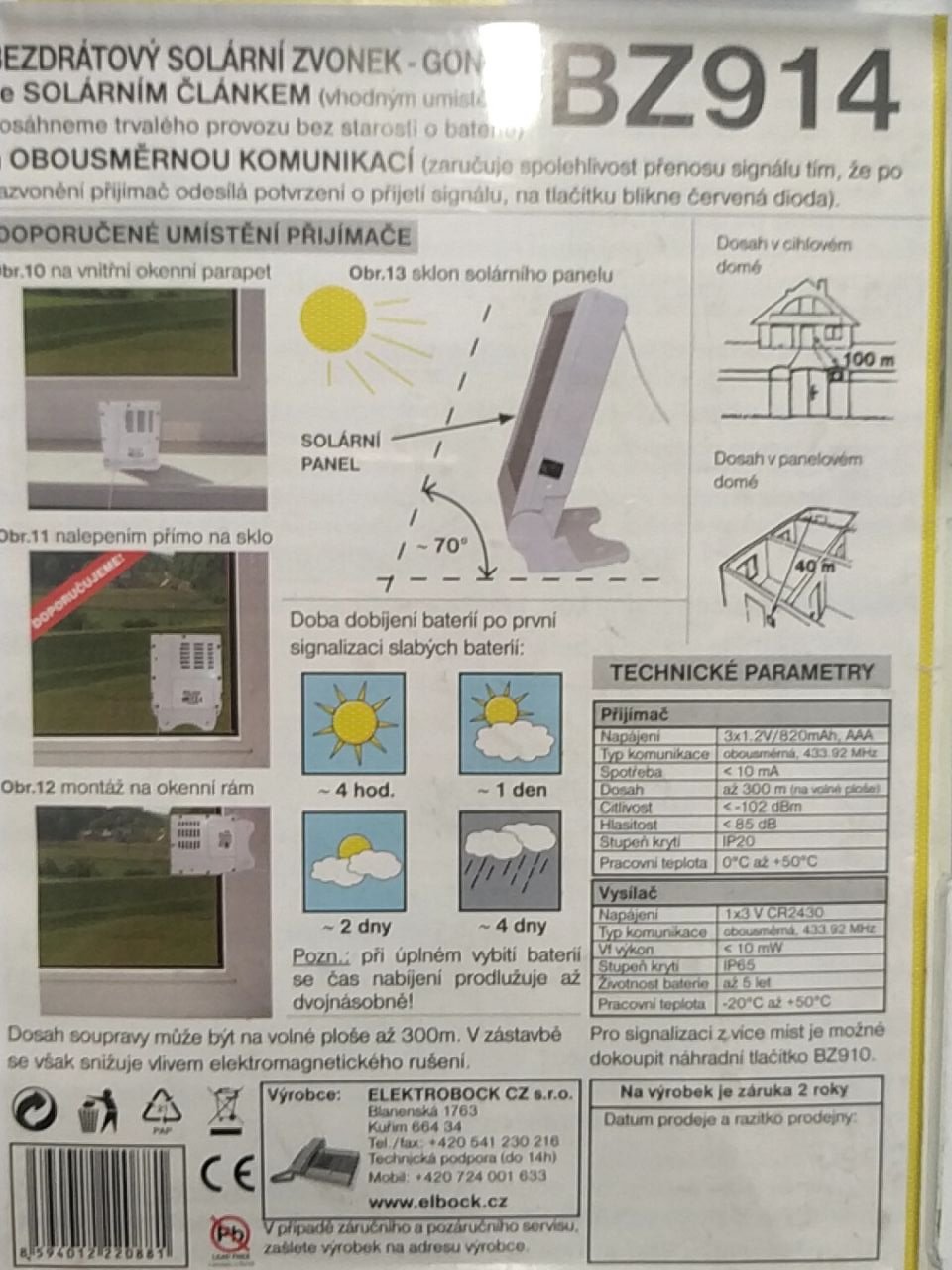 Bezdrátový solární zvonek BZ914 