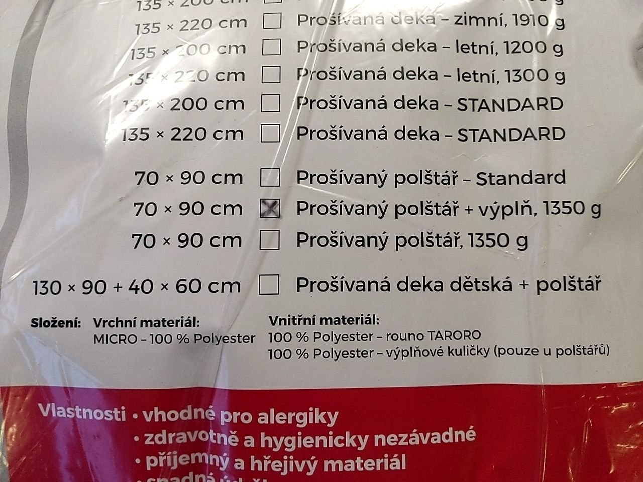 Prošívaný polštář na zip Postel.cz rozměry 70x90