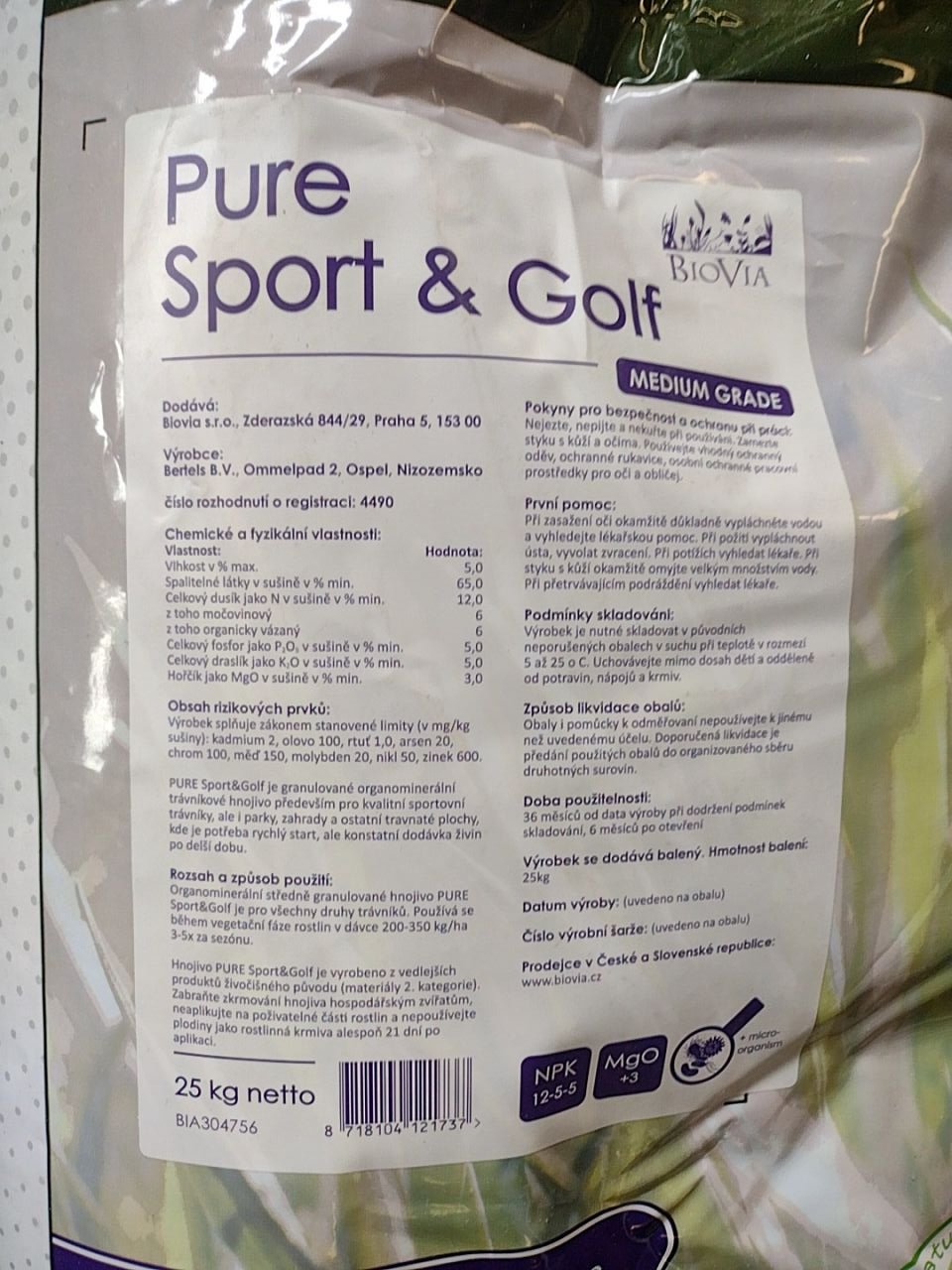 Sezónní hnojivo na trávník Pure Sport&Golf 25 kg