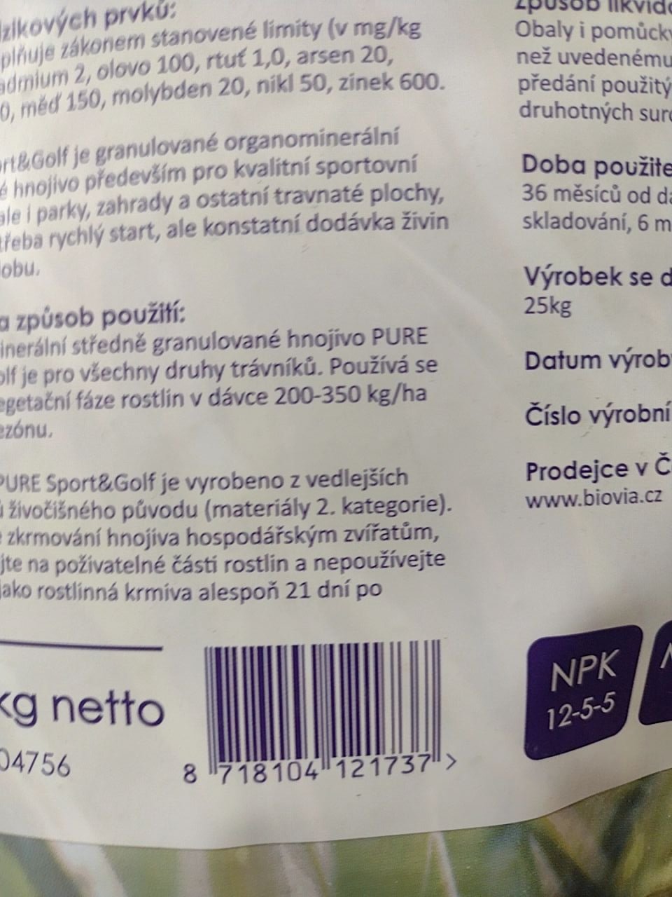 Sezónní hnojivo na trávník Pure Sport&Golf 25 kg