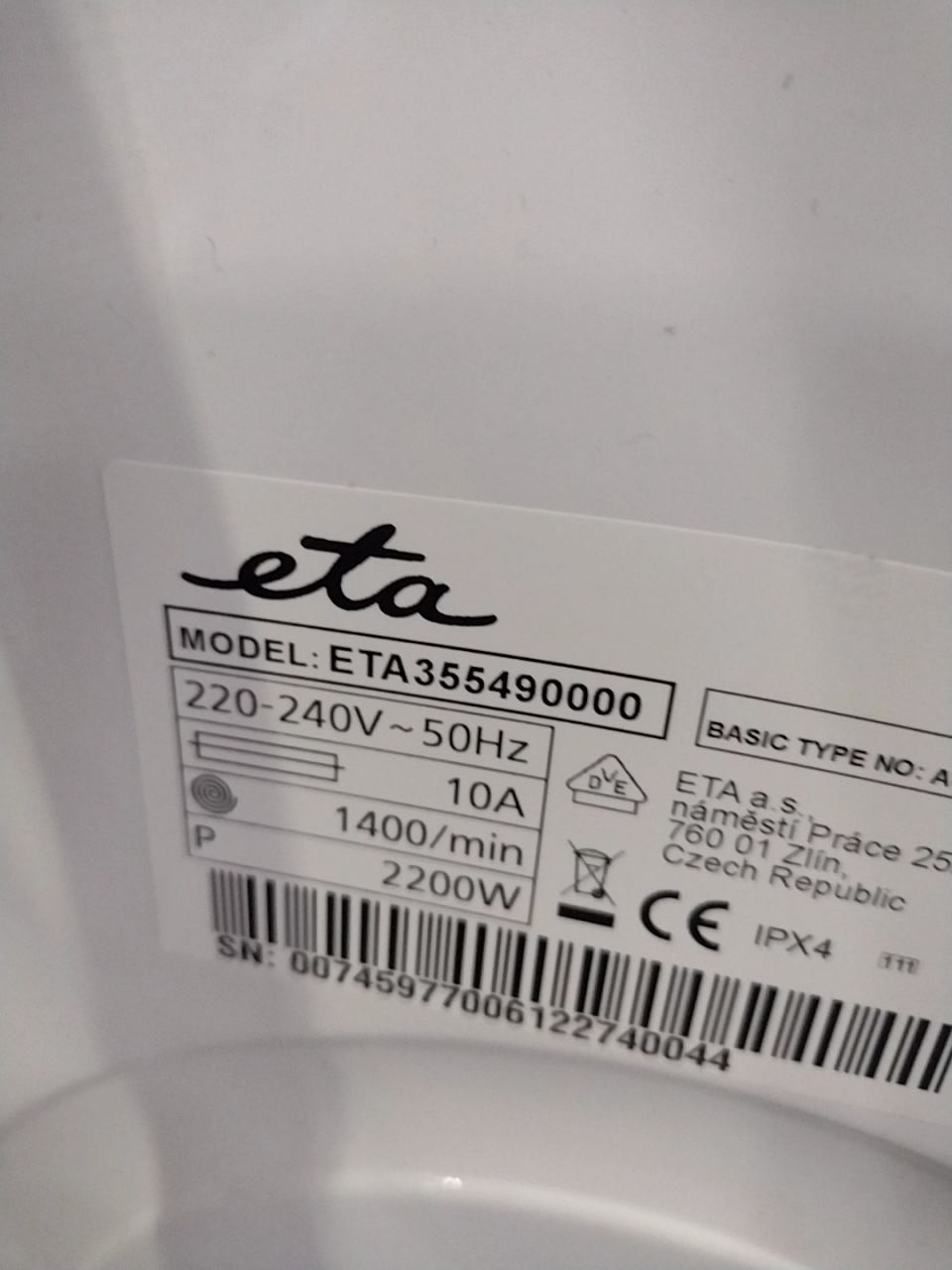 Pračka s předním plněním ETA 355490000