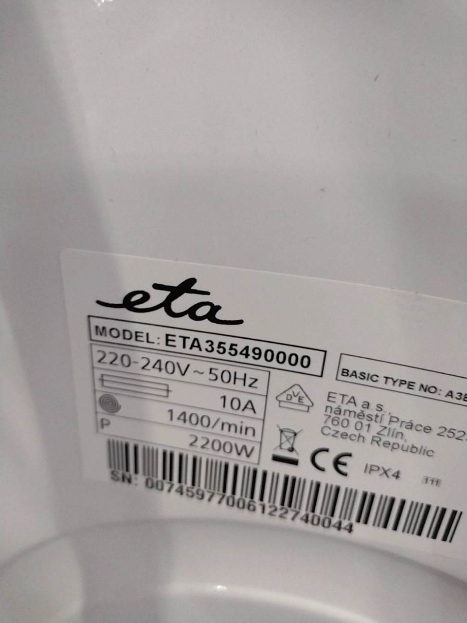 Pračka s předním plněním ETA 355490000
