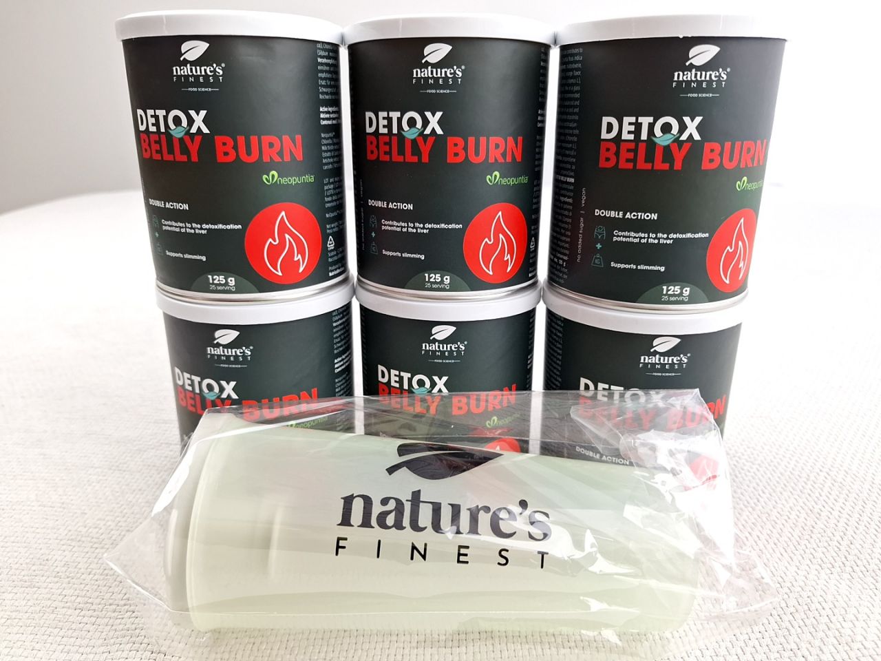 6 x Detox Belly Burn + kelímek / shaker Natures Finest 6 x 125g